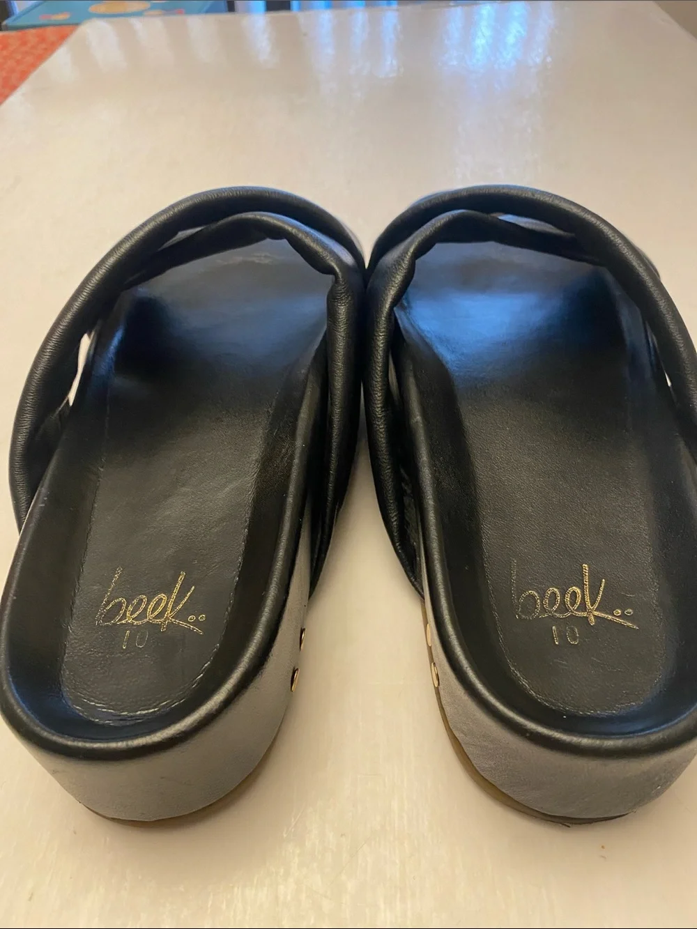 beek Black Crisscross Leather Slide Sandals Size 10